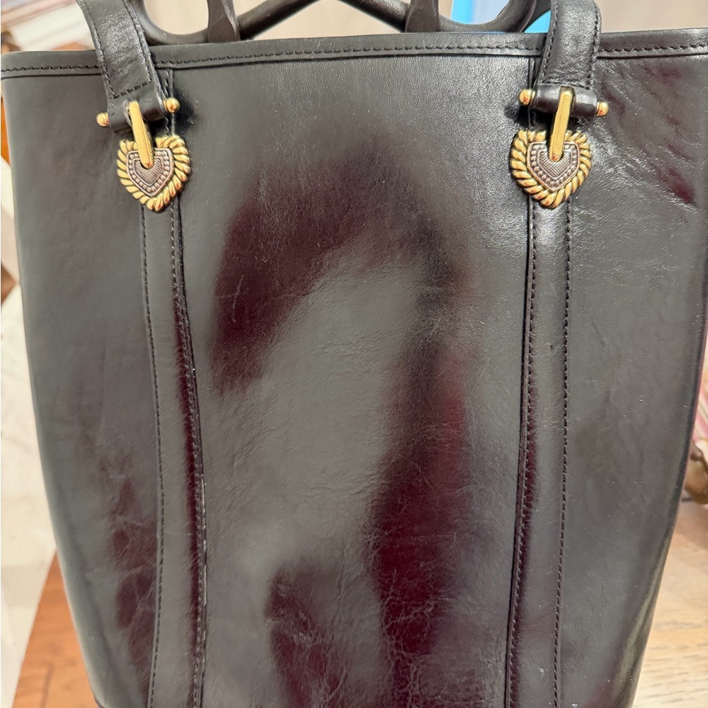 Brighton Black Leather Tote with Gold Heart Accents 8x10